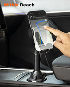 15W Qi Wireless Car Charger Solid Cup Holder Mount, Adjustable Long Arm & 360° Rotation, Fits 3"–4" Round Cup Holders, Works with Cases ≤ 4 mm (No Metal Attachments)