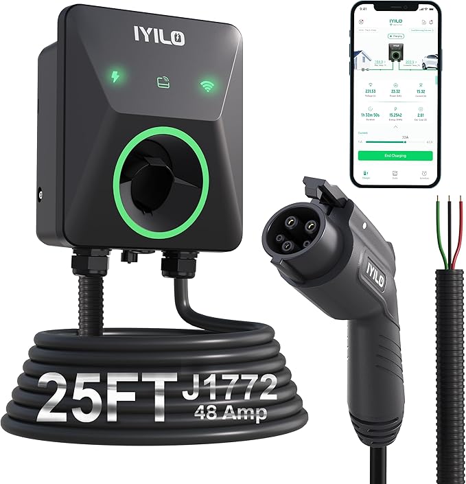 Level 2 EV Charger, 48Amp/11.5KW, J1772 Wall Electric Car Charger with Dual Temp Sensors(Exclusive), Wi-Fi(2.4 GHz), RFID, Smart App-Scheduled Charging, Hardwired, 240V, UL, ETL & Energy Star
