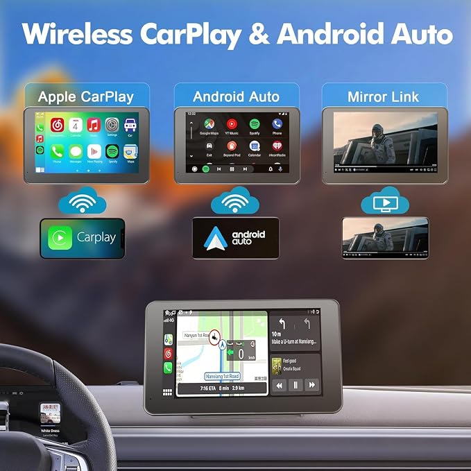 Car Play,Wireless Portable with Apple CarPlay and Android Auto Screen for Car,7" HD Touch Screen Car Stereo with Mirror Link,Backup Camera,Bluetooth5.2,GPS Navigation,AUX,FM for All Vehicles