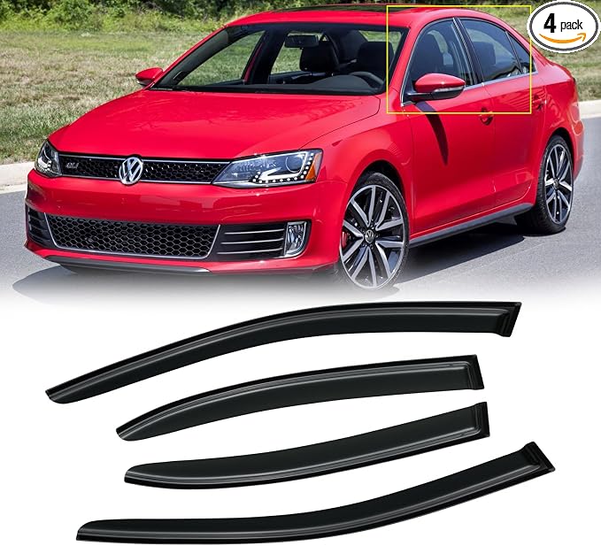 Window Visors for Volkswagen (VW) Jetta 2011-2018, Rain Guards Shields Vent Deflector Shade Wind Dark Smoke 2012 2013 2014 2015 2016 2017 12 13 14 15 16 17 18, Tape-On,4 PCS