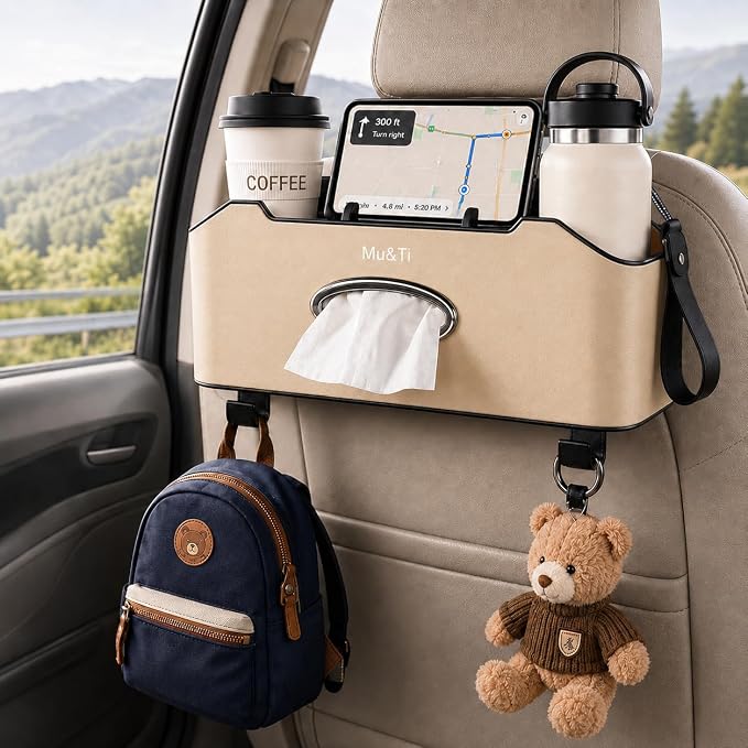 Mu&Ti Back Seat Car Organizer,4+2 in 1 Multifunctional Car Back Seat Storage Box with 2 Cup Holders, Tissue Box and Hook - Ideal for Kids and Travel(Beige)