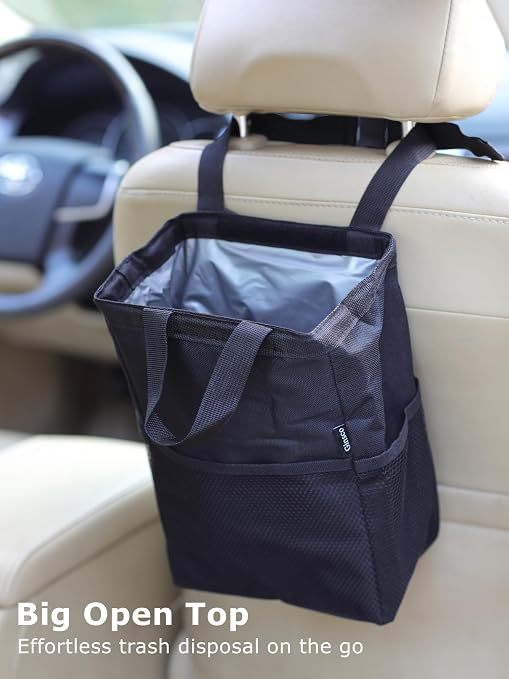 New Leak-Proof Travel Trash Bag, Hanging Car Trash Can with Hook and Loop Lid and Handle, Multipurpose Trash Bin with Storage Pockets for Car SUV Truck RV Camping 2 Gallons, Black