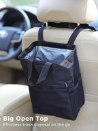 New Leak-Proof Travel Trash Bag, Hanging Car Trash Can with Hook and Loop Lid and Handle, Multipurpose Trash Bin with Storage Pockets for Car SUV Truck RV Camping 2 Gallons, Black