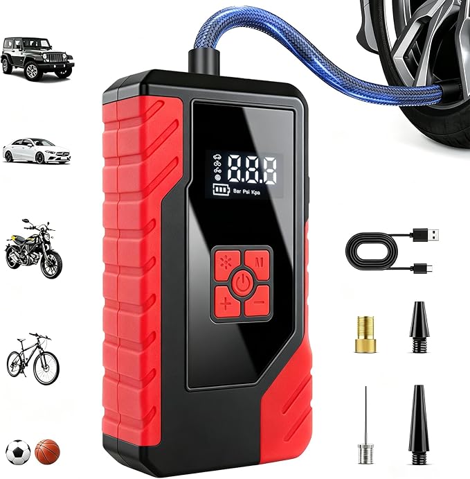 Tire Inflator Portable Air Compressor, 150PSI Digital CordlessTire Inflator with Auto Shut-Off, LED Light & USB Power Bank, for Car SUV Motorcycle Bicycle Balls