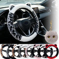 Leopard Fluffy Car Steering Wheel Cover with Keychain 14-15 inch Gray White | Cute Ears Steering Wheel Covers Universal Elastic Stretch Steering Wheel Protector Accessories for Women Girls