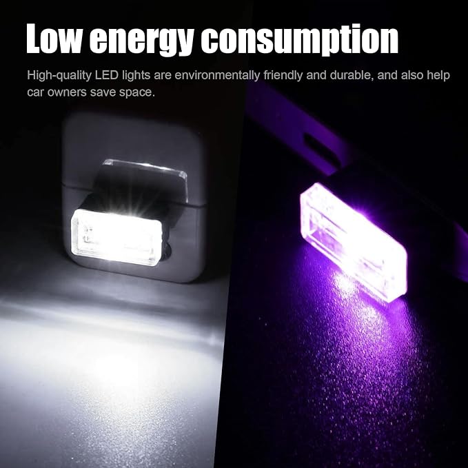 4 PCS USB LED Car Interior Atmosphere Lamp, Portable Mini LED Night Light, Plug-in USB Interface Trunk Ambient Lighting Kit, Universal Interior Accessories for Most Vehicles (White, Purple)