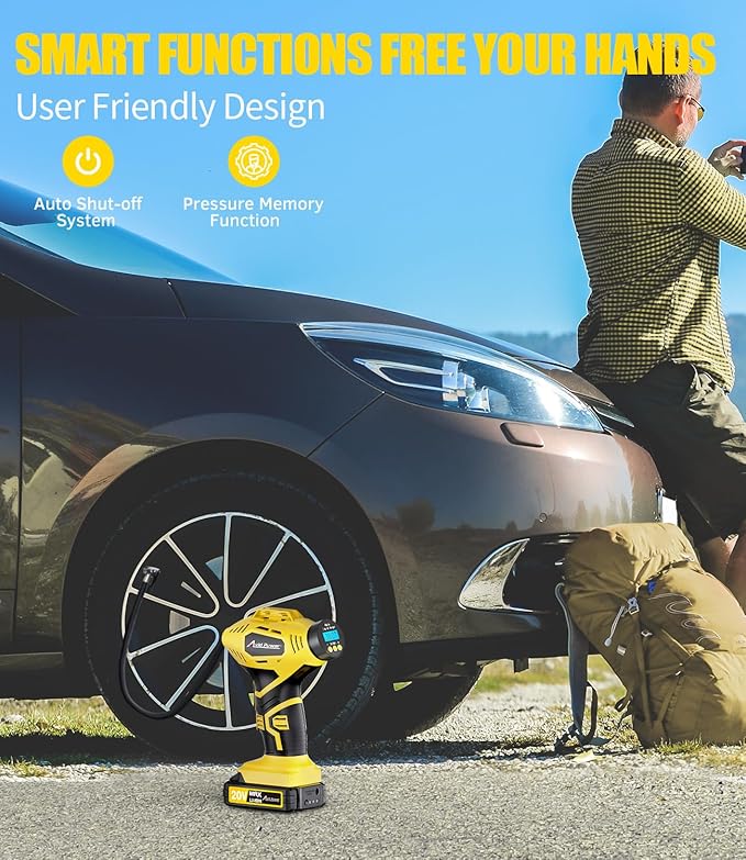 Cordless Tire Inflator Portable Air Compressor, 20V Rechargeable Battery Powered Car Tire Pump w/ 12V DC Adapter, Digital Pressure Gauge, Air Pump for Car, Bike, Motorcycle, Ball