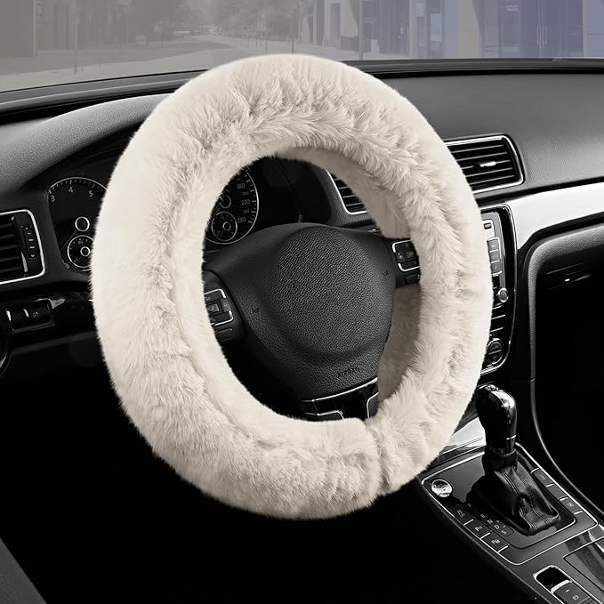 Steering Wheel Cover, Fluffy Car Wheel Covers for Women/Girls/Ladies，Soft Wool Fur Steering Wheel Protector, Universal 14 1/2 inches to 15 inches - White