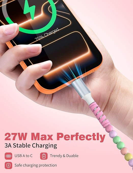 USB A to USB C Cable 6FT,Beaded Charger Cord for iPhone 17 16 Pro Max 17e 16e 15 Car Play,Type C Cute Car Charger Cord for iPad 10 11th/Samsung S26 S25 Ultra S24/Android Phone Girls Women,Pink-Green
