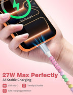 USB A to USB C Cable 3FT,Beaded Charger Cord for iPhone 17 16 Pro Max 17e 16e 15 Car Play,Type C Cute Car Charger Cord for iPad 10 11th/Samsung S26 S25 Ultra S24/Android Phone Girls Women,Pink-Green