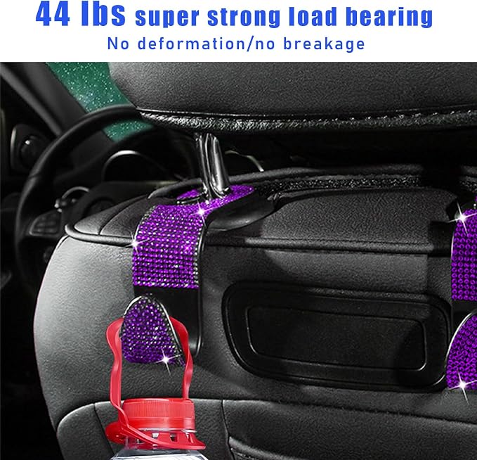4 PCS Bling Car Seat Headrest Hooks, Crystal Rhinestone Back Seat Hanging Storage Organizer, Vehicle Seat Hanger Holder for Purse Handbag Coat, Interior Car Accessories (Purple)