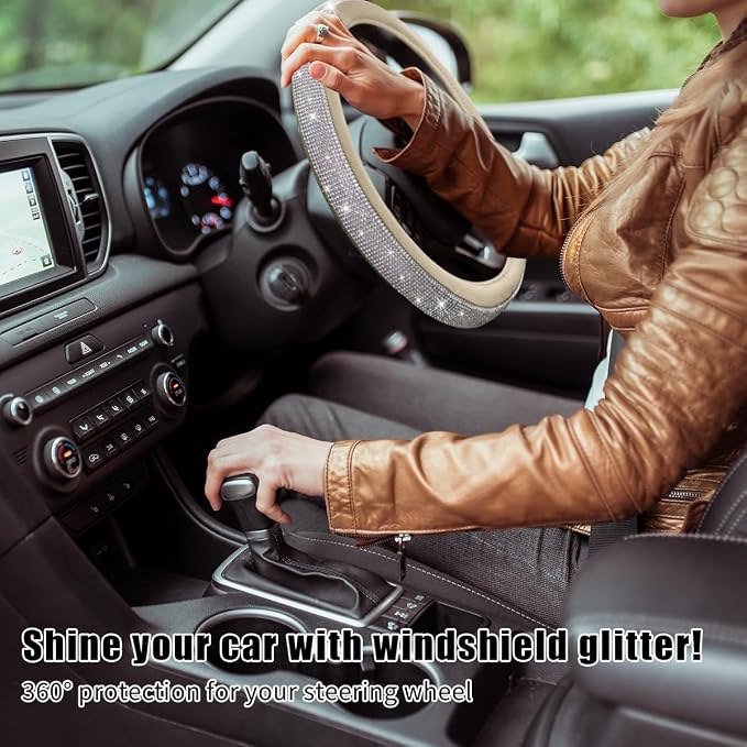 Steering Wheel Cover, Bling Crystal Rhinestones Auto Wheel Protector, Sparkly Cover Universal Fit Diverse 14.5-15 inch Steering Wheel, Interior Decor Car Accessories (White+Beige)