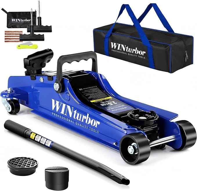 2.5T Floor Jack, 5500 lbs, 3.35"-14.96" Lift, Tire Kit, Pads & Bag | Steel jack, 3.35"-14.96" lift. 360° swivel handle, rear casters. Includes tire kit, 2 rubber pads & bag.