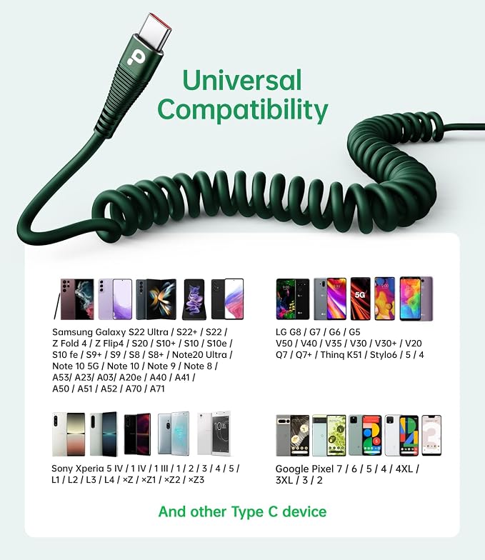 USB C Cable Fast Charging 60W 3FT/5FT, Coiled USB A to USB C Cable for Car, iPhone USB C Cable USB to Type C Charging for iPhone 17/16/15 Pro Max/Samsung Galaxy S20 S10 and More USB C Devices-Green
