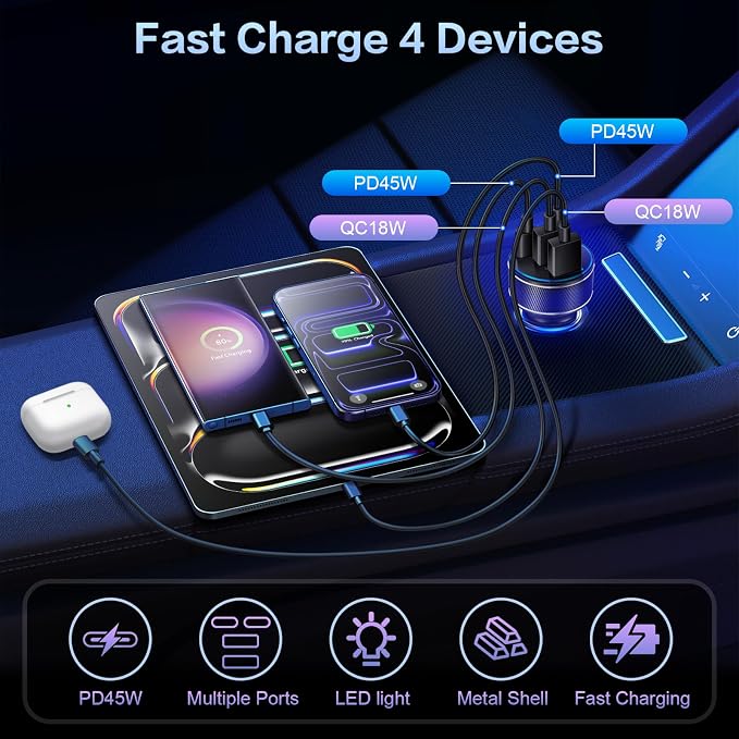 USB C Car Charger, Multi Port 90W Super Fast Charging Cigarette Lighter Adapter, 4-in-1 Dual USB-C & USB-A Car Phone Power Adapter for iPhone 17/16/15/Pro Max, iPad, Samsung Galaxy S25 (Black, 1-Pack)
