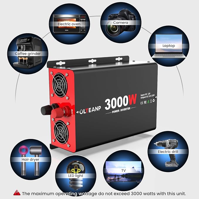 3000 Watt Power Inverter 12V DC to 110V AC Car Inverter with 4 AC Outlets, 30W Type-C Port, 3.1A USB Port, Remote Controller on LCD Screen, Power Converter for Truck, Home, Vehicles,Trip