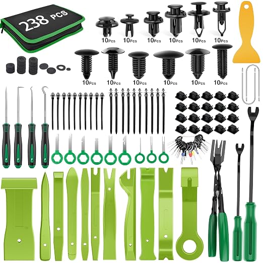 238Pcs Trim Removal Tool, Auto Push Pin Bumper Retainer Clip Set Fastener Terminal Remover Tool Adhesive Cable Clips Kit Car Panel Radio Removal Auto Clip Pliers, Green