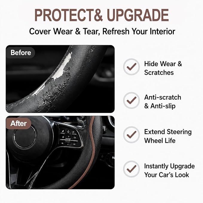 Car Steering Wheel Cover Full Surround - Soft Breathable Anti-Slip Heavyweight Safety Cover, Thick Cushioned Sports Style Universal Fit for Auto Truck SUV (Black/Coffee)