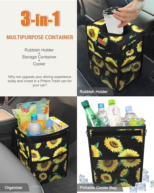 Car Trash Can with Lid, Cute Leakproof Car Trash Garbage Bag Hanging Vehicle Trash Bin Small Portable Automotive Garbage Cans Organizer for Back/Front Seat/Console(Trapezoid,Sunflower)