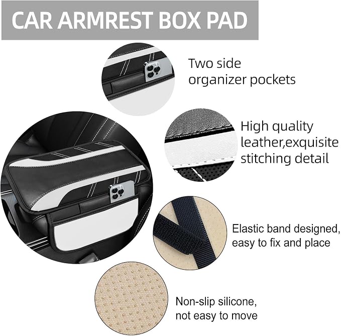 6 Pcs White Car Accessories Set, Sport Leather Steering Wheel Cover 14.5-15inch Universal, Microfiber Leather Car Center Console Cover, Seat Belt Cushion, Cup Holder Coaster (Black-White)