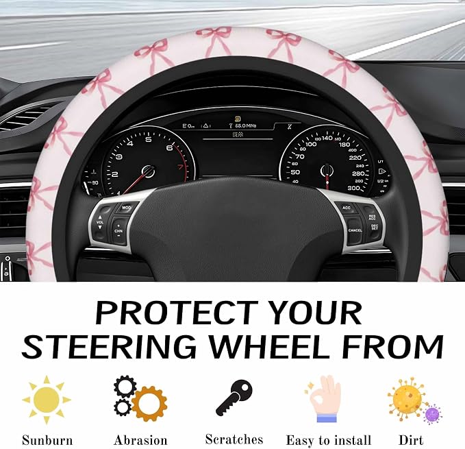 Steering Wheel Cover Accessories Neoprene Cover, Breathable Non-Slip Easy to Install Suitable for Women Men, 14.5-15.5 Inch for Car SUV Van Truck Universal - Pink Bow