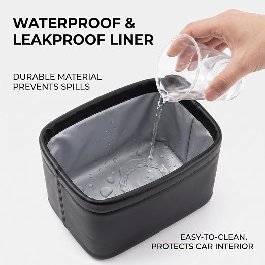 Leather Car Trash Can, Waterproof Leakproof Car Garbage Bin with Structured Base, Collapsible PU Auto Organizer for Front/Back Seat, Auto Accessories for SUV Truck Travel