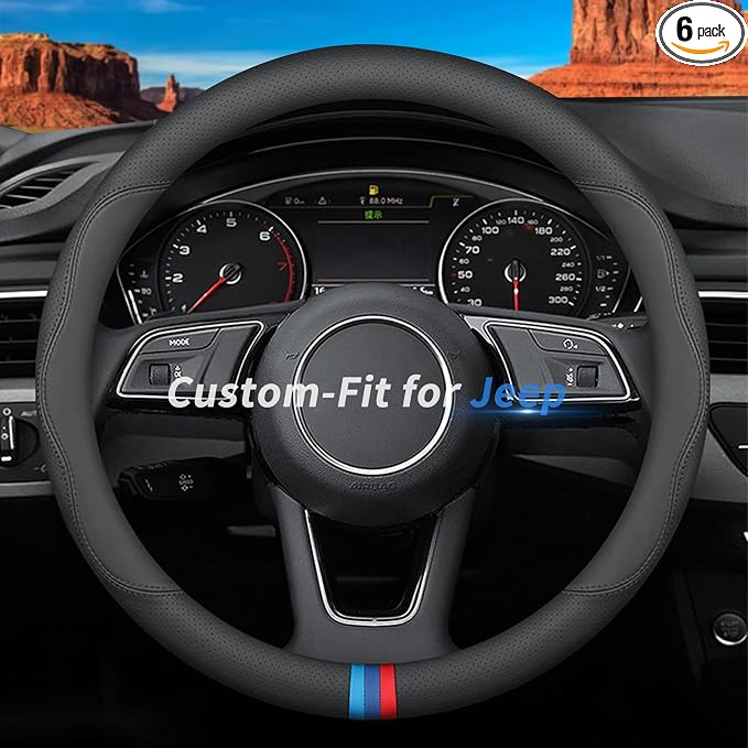 Deer Route Custom-Fit Jeep Steering Wheel Cover, Premium Leather, Non-Slip, Breathable, D-Style