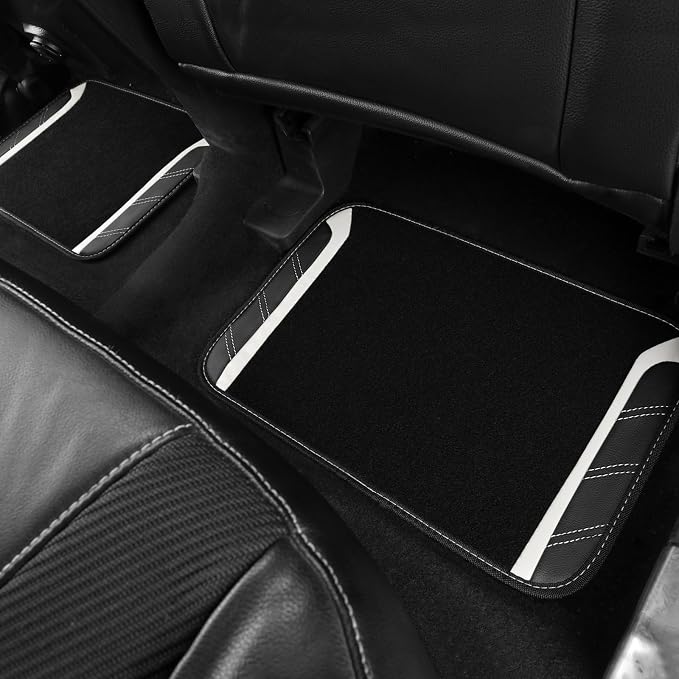 Leather Steering Wheel Cover and Waterproof Car Floor Mats, Microfiber Universal Car Combo Fit for 95% Sedan SUV Van,14.5-15 inch Sporty Anti-Slip Safety Comfortable Design, Black＆White