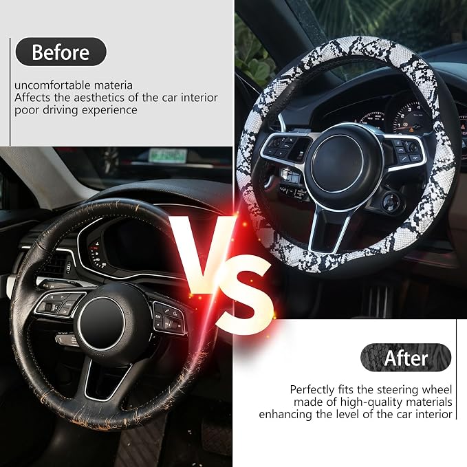 Snake Skin Steering Wheel Cover, Breathable Microfiber Leather Universal 14.5-15 inch, Anti-Slip Car Steering Wheel Protector for Women Men, Black&White