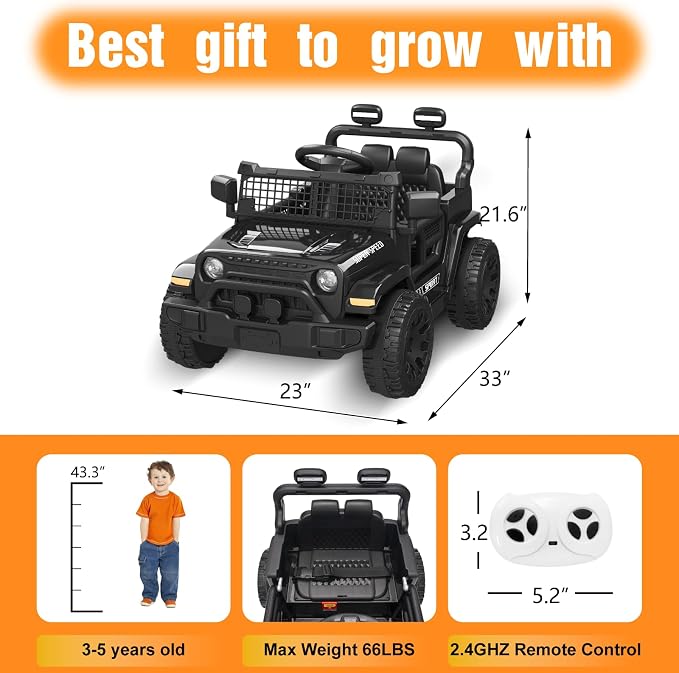 12V Ride on Car with Parent Remote Control, Toddler Electric Car with Spring Suspension, LED Lights & Music Player - Safe Battery Toy for Kids, Christmas & Birthday Gift, Black