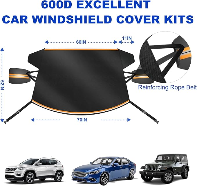 Car Windshield Cover for Snow and Ice, Car Windshield Snow Cover Kit with Side Mirror Cover, 600D Frost Guard Windshield Cover, Winter Frost Hail Protector for Sedan Truck SUV and MPV