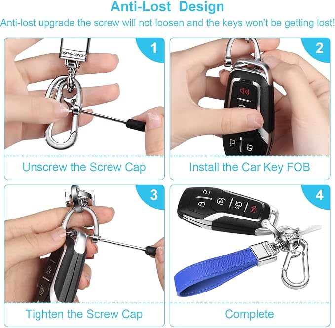 Genuine Leather Car Keychain,Universal Heavy Duty Metal Key Chain Accessories,Car Fob Key Keychain Holder with 360 Degree Rotatable Snap Swivel and Anti-Lost D-Ring for Men Women(Dark Blue)