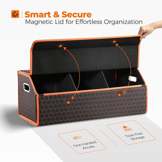 Car Trunk Organizer for SUV and Sedan, Orange-Honeycomb, 29.5 in | Honeycomb Textured Exterior, Extra‑Large, Premium Leather, Magnetic Lid, Collapsible & Adjustable, Water‑Resist & Dust‑Proof