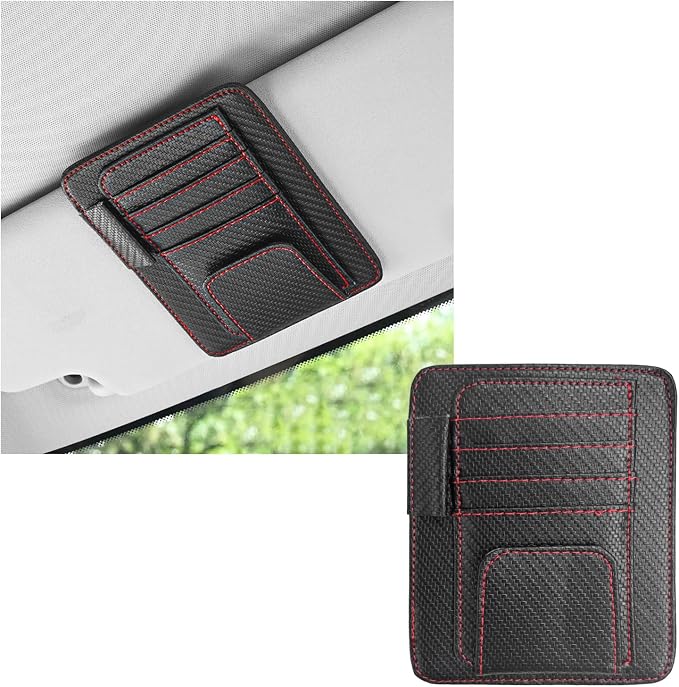 Small Leather Car Sun Visor Organizer, Multifunctional Auto Visor Document Holder with Sunglasses Clip, Universal Car Interior Organizer for Driving License, Card, Pen (Black&Red)