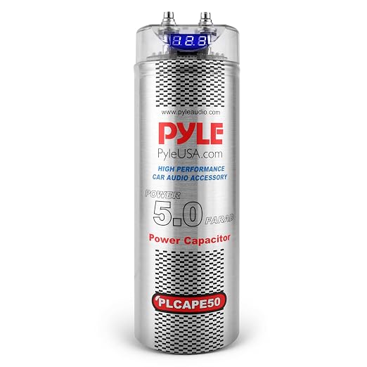 Pyle 5.0 Farad Digital Power Capacitor for Car Audio Systems - LED Voltage Display, Over Voltage Protection, 12-24V DC, Chrome Terminals, Mounting Hardware Included, PLCAPE50
