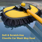 Car Wash Brush with Long Handle, Microfiber Car Wash Mop with Replaceable Chenille Brush Head, Soft Cleaning Brush with 15° Curved Extension Pole Car Wash Kit for RV Truck Camper, Yellow