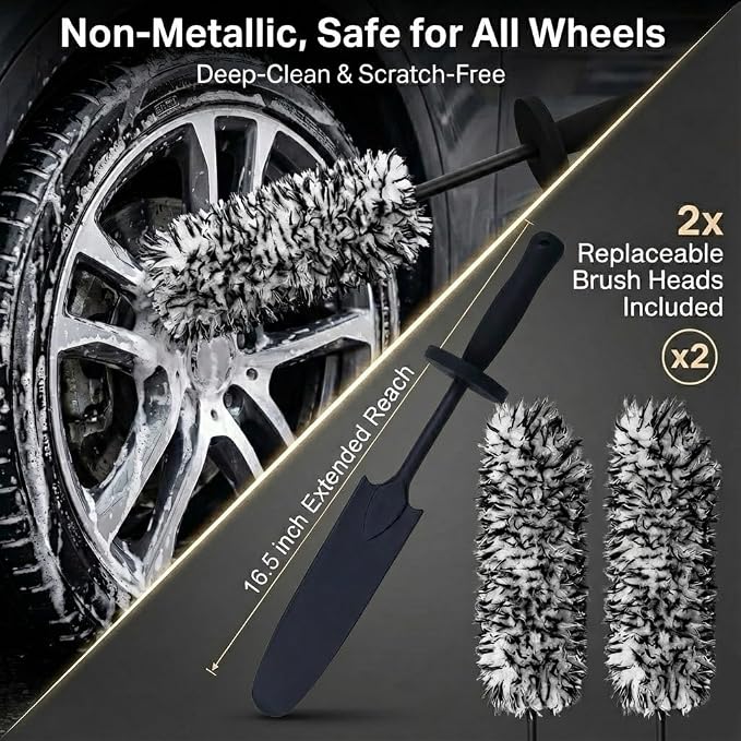 9PCS Wheel Detailing Kit Metal-Free Scratch-Free Boar Hair Rim Brush | Scratch-free boar hair & microfiber, dual-hardness tire pads, towel, storage bag, multi-vehicle wheel care gift set