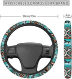 Car Steering Wheel Cover for Women Men, Soft Neoprene Stretchy Anti-Slip 15 Inch Steering Wheel Protector Universal Auto Decor, Aztec Geometric Horse Turquoise