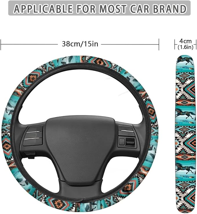 Car Steering Wheel Cover for Women Men, Soft Neoprene Stretchy Anti-Slip 15 Inch Steering Wheel Protector Universal Auto Decor, Aztec Geometric Horse Turquoise