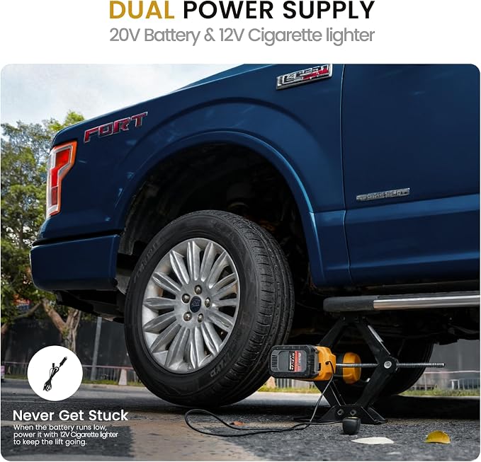 Dual Power Electric Car Jack w/ 4.0Ah Battery & 12V DC Backup, Compatible with Dewalt 20V MAX Battery, 1 Ton Cordless Jack, 5.5-15.7in Lifting Range, Heavy Duty Steel Jack for Emergency Tire Change