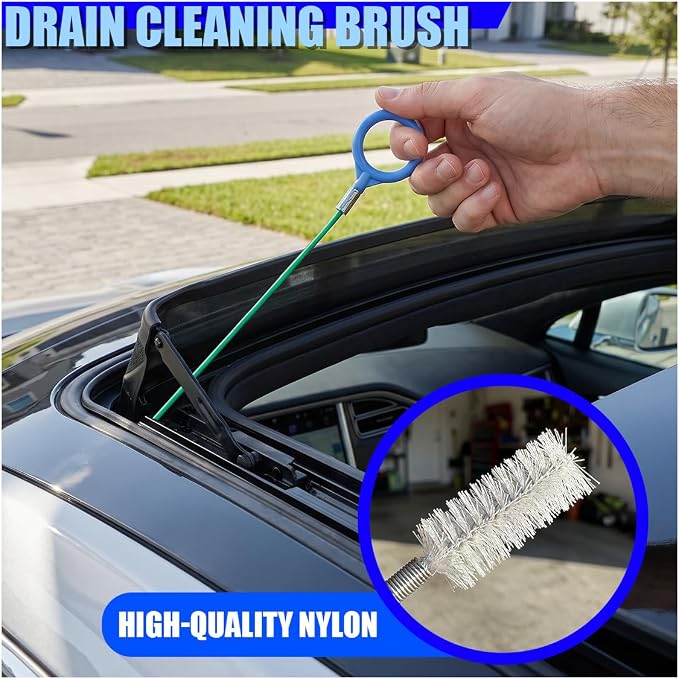 Auto Sunroof Drain Cleaning Tool, 118 Inch Long Flexible Pipe Cleaner with Syringe Hose and Soft Drain Brush, Car Tube Dredging Brush for Drains Holes, Sewers, Windshields (White)