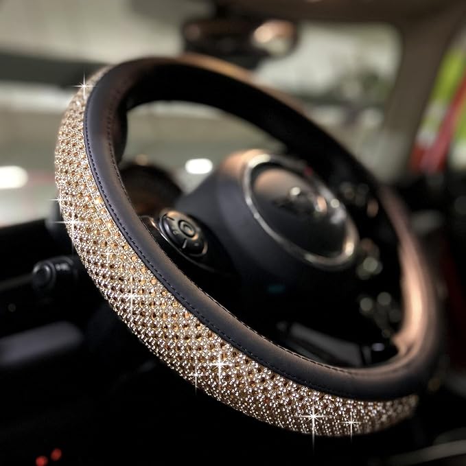 Large Size Bling Comfy Steering Wheel Cover with Jumbo Crystal Rhinestones, Anti-Slip Diamond Leather, 15.5-15.75 Inch (Gold)