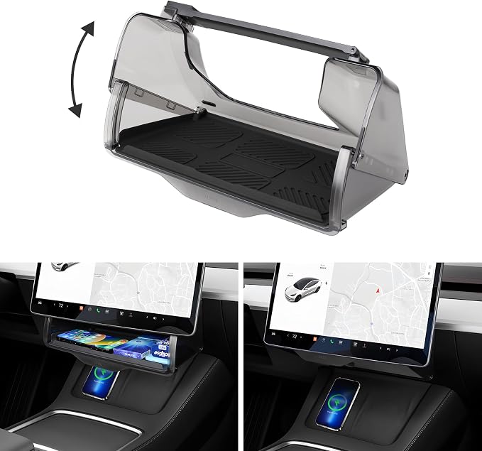 Hidden Under Screen Storage Box for 2016-2026 Tesla Model Y/Model 3 Accessories,One‐Click Open & Silent Damping Slides Center Console Organizer (Fit New Model Y Juniper/Model 3 Highland)