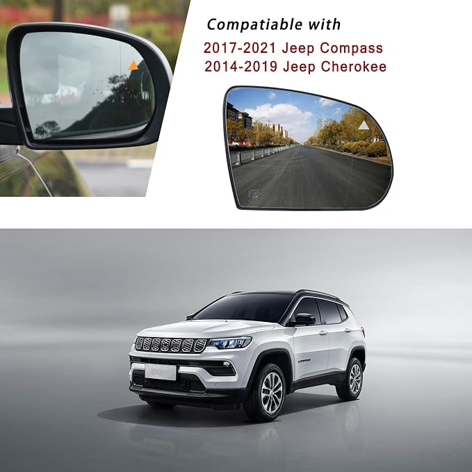 Blind Spot Passenger Side Mirror Replacement for Jeep Cherokee 2014-2019 Jeep Compass 2017-2021, Right Exterior Side Rearview Mirrors Glass, with Backing Plate, Power Heated,Blind Spot Detection