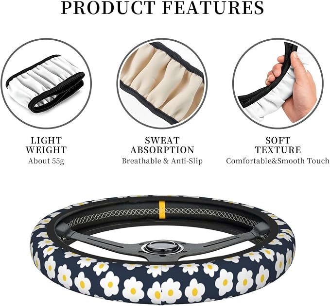 Cartoon Daisy Flower Elastic Steering Wheel Cover Non-Slip Breathable Steering Wheel Protector Fit Auto, SUVs, Truck