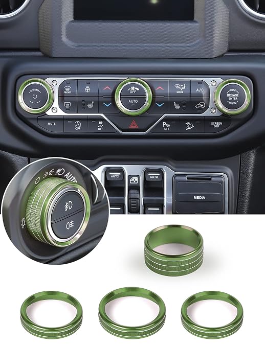 Climate Control Panel Knob Trim Kit & Light Control Switch Cover, Air Conditioner Knob Aluminum Alloy Ring for 2018-2024 Jeep Wrangler JL JLU & Gladiator JT, Interior Accessories, Green