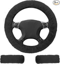 3 PCS Fluffy Steering Wheel Cover Set, 15'' Furry Car Wheel Cover, 2 Seat Belt Shoulder Pads, Anti-Slip Fur Steering Wheel Cover, Winter Warm Fluffy Car Accessories for Women, Black
