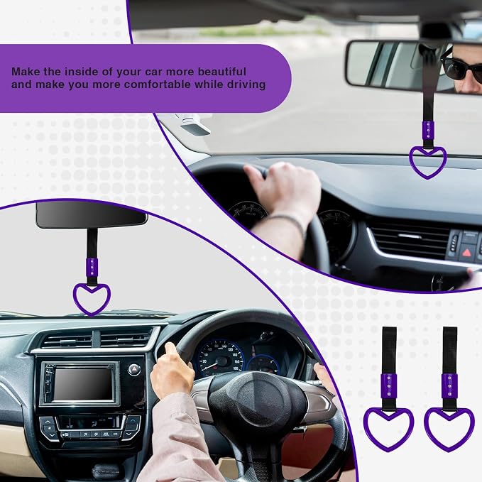 2PCS Heart Shaped Car Handle Straps, Rear Bumper Warning Keychain Ring for Car Exterior Accessories (Purple)