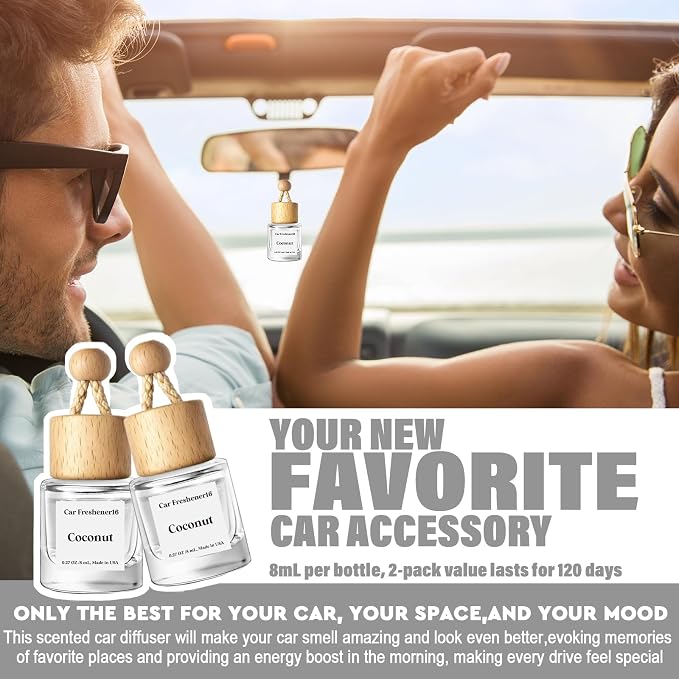 Car Air Freshener Diffuser 2 Pack Hanging Air Freshener Diffuser - Coconut Fragrance Oil Air D iffuser for Car, 45+ Days Long Lasting Fragrance Made in USA (C16)