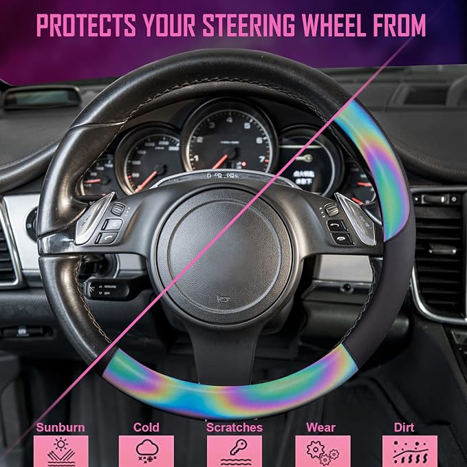 Chameleon Iridescent Reflective PU Leather Steering Wheel Cover,15Inch Universal Fit for 95% Suvs,Sedans,Vans,Trucks for Unique Cute Women Lady Girly(Black Colorful Color Change) Multicolor